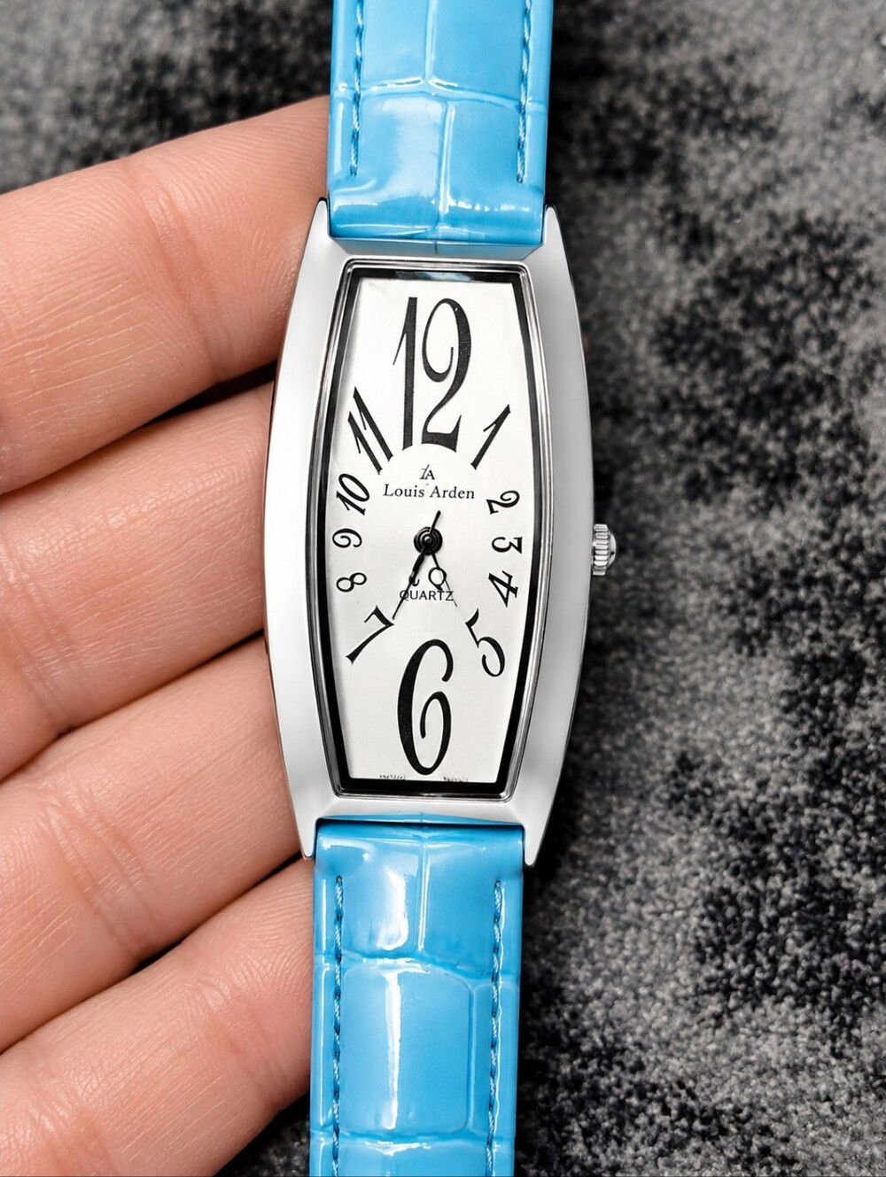 Louis Arden Paris Art Deco Tonneau Quartz Watch Blue Faux Croc Y2K Retro CC